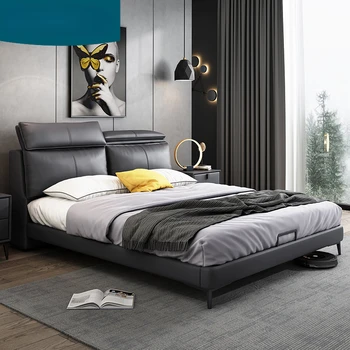 Лека луксозна кожена легло в прост спалнята в италиански стил, основна спалня, луксозна сватбена легло с високо качество