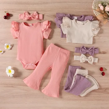 Летни комплекти дрехи за малките момичета в ивица с цветове, с дълъг ръкав Потник + разкроена панталони + шапки 3 бр. за новородени деца 0-18 м