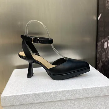 Летни нови дамски обувки-лодки, сандали с остри пръсти, дамски обувки с каишка и катарама от естествена кожа на водна платформа, чубрица обувки-лодка Sapato Feminino