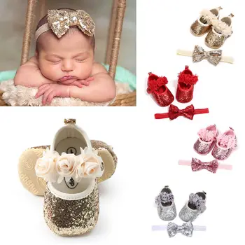 Летни обувки за бебета Момичета и момчета, 3 Стил, расшитая пайети цвете обувки на плоска подметка с кука на обувки, Обувки на принцесата + Превръзка на главата 2 ЕЛЕМЕНТА
