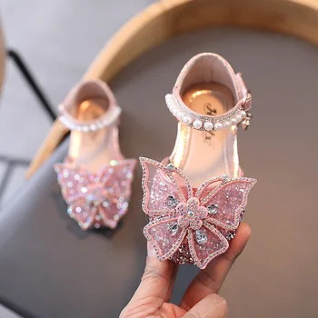 Летни сандали за момичета, модни обувки, принцеса с пайети, планински кристал, лък, обувки за малки момичета, сандали на равна подметка, Размер 21-35 SHS104