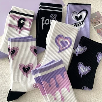 Лилави сладки чорапи, детски дамски топли памучни чорапи със средна дължина, есен-зима, универсални дълги спортни чорапи с герои от анимационни филми