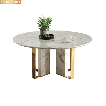 Луксозен дизайнерски кръгла зала за хранене от мраморни плочи, маса за хранене, комплект от 4 на 6 столове, мебели mesa eettafel, неръждаема стомана, златно основа