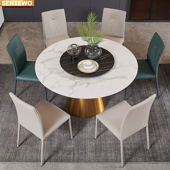 Луксозен дизайнерски маса за хранене с кръгла маса от мраморна плоча, комплект от 6 стола, мебели mesa eettafel, мрамор, от Неръждаема стомана, златно основа