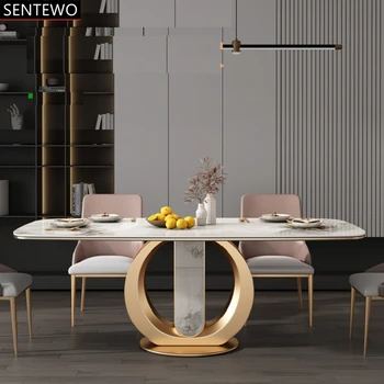 Луксозен кухненски маса за хранене е от каменни плочи и 4 стола със златен струпясване от неръждаема стомана, плот от изкуствен мрамор, набор от столове yemek masaları