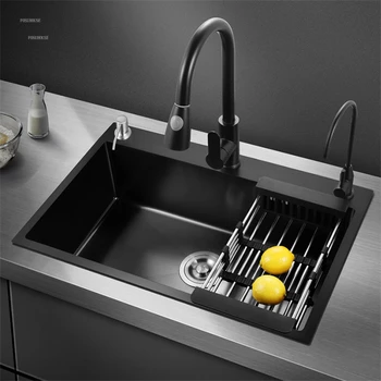 Луксозен кухненски умивалник с една мивка, Кухненски мивки от неръждаема стомана 304, Черна Мивка за измиване на съдове с три дупки Nano, Кухненски Принадлежности