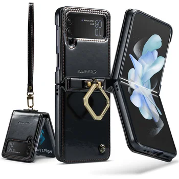 Луксозен ретро сгъваем калъф CaseMe за Samsung Galaxy Z Флип 4 5G Магнитен кожен калъф с каишка и пръстен-притежател калъф