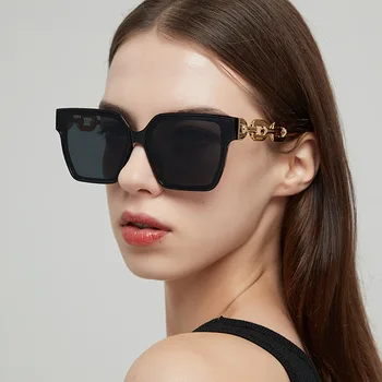 Луксозни слънчеви очила с квадратна метална верига за жени, трендови маркови дизайнерски слънчеви очила, негабаритное черно слънцезащитно огледало 2023, дамски слънчеви очила