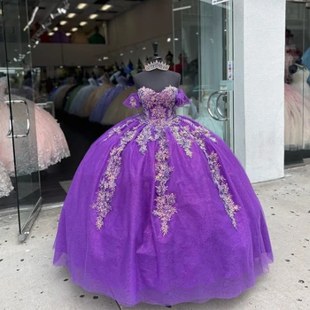 Луксозно лилава пищни рокля във формата на сърце, апликации от 3 цвята, във, рокли за парти за рожден Ден, абитуриентски бал, Милото 16 Рокля с корсет