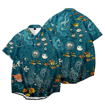 Лятна мъжка риза с къс ръкав и сладки анимационни принтом, ежедневна блуза, хавайска риза, мъжки блузи летни ризи с отложным яка