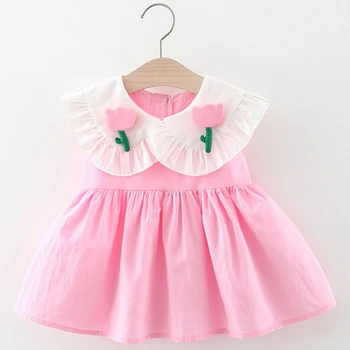 Лятото памучни рокля с кружевными ревери 2023, Лятно Ново цветна рокля с шал яка тюльпаном за малки момичета, празничен детски костюм от 0 до 3 години