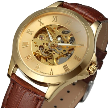 Марка Forsining Класически ретро дизайн Скелет Златни римски номер Кафяви мъжки механични луксозни автоматични часовници от естествена кожа