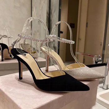 Маркови дизайнерски дамски сандали, черна замшевая летни обувки, дамски обувки-лодка на висок ток, декорация с кристали, дамски сватбени Zapatos Mujer