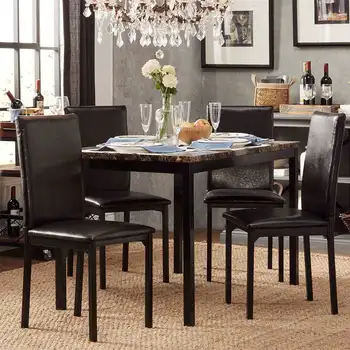 Маса от изкуствен мрамор, черен металик casual dining комплект от 5 теми, елегантен и лесен за монтаж за семейна масата за вечеря в апартамент
