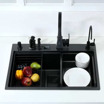 Мивка от неръждаема стомана, черен кухненски единичен държач за инструменти, вградени 