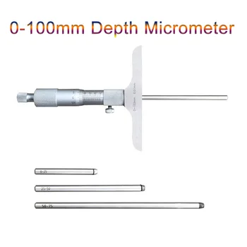 Микрометър дълбочина 0-100 мм, 100 мм, от 0.01 мм, микрометър дълбочина с 4 пръчки, инструмент за измерване-шублер
