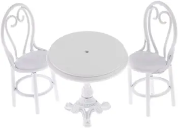 Миниатюрни мебели за куклена къща 1:12, 3 бр., маса за хранене, столове, модел, определени в бял цвят