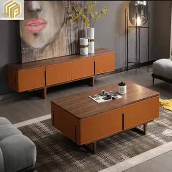 Минималистичен италиански светлина луксозен чай на маса Комбинация от шкафове за телевизор, модерна проста мебели за дневна от масив, фурнир