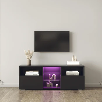 Модерен Минималистичен Телевизионен шкаф в Хола е с 20-цветни led крушки, Поставка за телевизор, Развлекателен център (черна) Модерен Лъскав led