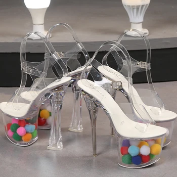 Модерен секси дамски обувки на токчета, дамски сандали за танци на един стълб, големи размери, високи прозрачни сандали за нощен клуб