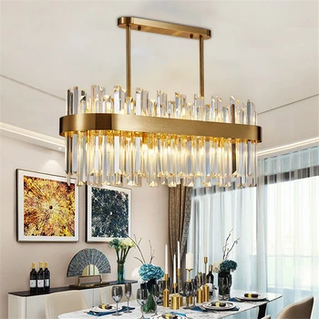 Модерна кристален полилей за трапезария от матово злато, кристален led лампа за кухненски остров, окачена лампа, овалния дизайн, блясък