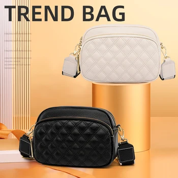 Модерна чанта през рамо с многослойно джоб, чанта-месинджър от телешка кожа, с цип, широка каишка, с шарките на диамант, однотонная женствена чанта