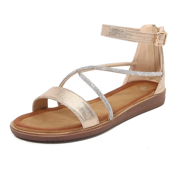 Модерни дамски сандали с кристали, лятна римска обувки, дамски ежедневни плажни удобни сандали на равна подметка с отворени пръсти, женски-големи размери a88