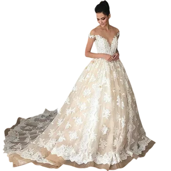 Модерни сватбени рокли с дантела аппликацией голям размер за булката, булчински рокли с отворени рамене в стил кънтри
