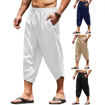 Модни Летни плажни зреещи Harajuku, ежедневни панталони от памук и лен, мъжки панталони с дължина до прасците, Модни дрехи за мъже pantalones hombre