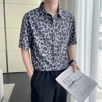 Модни летни секси тениска с къс ръкав и леопардовым принтом за мъже, Облекло 2023, отложной яка, свободни ежедневни тънки блузи-смокинги