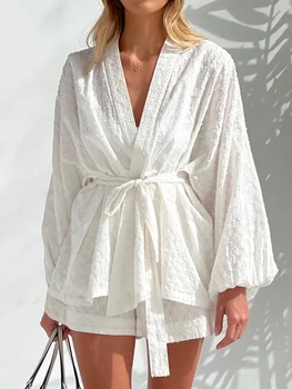 Модни халати за баня с дълъг ръкав, топ и къси комплекти от две части, дамски летни комплекти, есента случайни бял домашен костюм, Елегантна къса комплекти