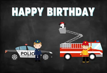 Момче от полицай, Пожарникар полицейска кола на пожарната Децата Банер за парти по случай рождения Ден на детето фотофоны фон за снимки студио