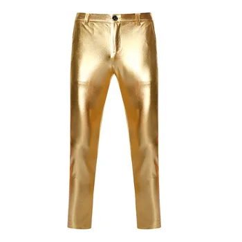 Мотоциклетни панталони от изкуствена кожа, мъжки маркови тесни панталони с блестящ златен покритие, панталони с метално покритие, панталони за изява в нощния клуб, панталони за певци