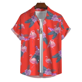 Мъжка Риза Тенденция Бяла Риза с 3D Принтом Листа Журавля, Хавайски Плажната Мода Риза С Къс Ръкав, Мъжки Риза, Неопрен, Риза За Мъже