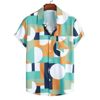 Мъжка лятна риза от памук и полиестер с къс ръкав, реколта хавайски плажни ризи с геометричен модел, ежедневна блуза за мъже, ризата
