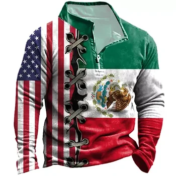 Мъжка риза поло с дълъг ръкав под формата на мексиканския флаг, hoody с цип, пуловер, половината от мълния, hoody джоб с принтом герб на Мексико, спортна hoody с цип