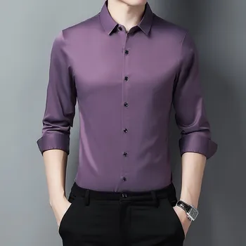 Мъжка риза с дълъг ръкав и големи яка, ежедневни дрехи бизнес за момчета, вечерна рокля копчета, лилава риза, гладка риза, най-Xxxl