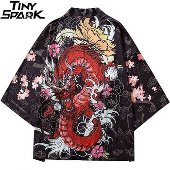 Мъжки градинска яке в стил хип-хоп с принтом китайски огнения дракон 2023, яке-кимоно в стил харадзюку, японското лятото е кратко тънката рокля в японски стил