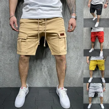 Мъжки ежедневни панталони 2023, мъжки летни шорти-карго, свободни, с множество джобове, с завязками на кръста, направо багажника