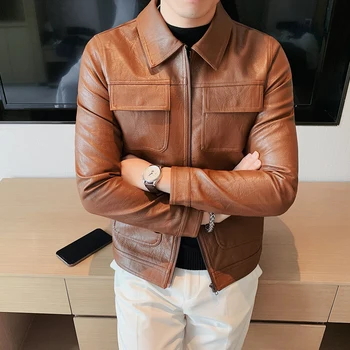 Мъжки есен нова тенденция дрехи от изкуствена кожа, красива Свободен корейски стил, ново палто с един гърди 2023, однотонная дрехи, мъжки A19