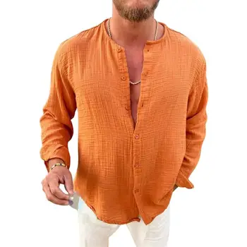 Мъжки есенна риза, монофонични дълъг ръкав, с кръгло деколте, леко однобортный жилетка, реколта ежедневни свободна пролетна риза, мъжки дрехи