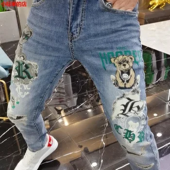 Мъжки луксозни дрехи в стил харадзюку: дънкови панталони в европейския уличном стил с принтом мечка, дизайнерски корейски дънки приятеля Kpop