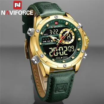 Мъжки цифрови спорт часовници NAVIFORCE, най-добрата марка за луксозни мъжки ръчен часовник в стил милитари, зелени кварцов бизнес мъжки часовник от естествена кожа 9208