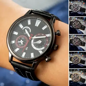 Мъжки часовник с кръгла циферблат на батерии, машина за висока точност износоустойчива календар от изкуствена кожа, Функция за показване на кварцов механизъм
