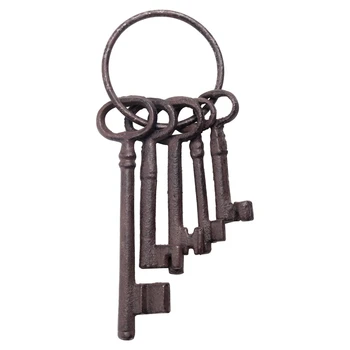 Набор от ключове от пиратски сандък със съкровища, халка за ключодържател в старинен стил, Стенен декор под формата на скелетона от чугун в селски стил, подпори за костюм (5 ключа)