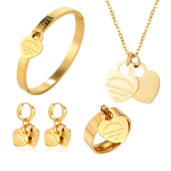 Набор от суспензии във формата на сърце от неръждаема стомана JINHUI, модни гривни, Колие, обеци, Любовен чар, 18 К златно непромокаеми бижута, подарък