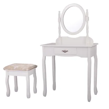 Набор от тоалетни масички и столове, тоалетка за грим с огледало и голямо чекмедже, дебел хоп-бял