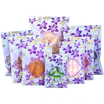 Найлонова торбичка с цип с лилави цветя принтом 100шт с матиран прозорец, самозатягивающееся печат, Чупене на borislav, торбички за опаковане на хранителни продукти