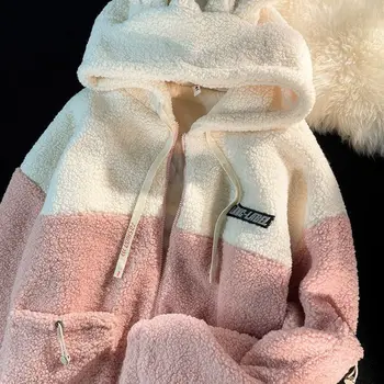 Нишевая яке с красиви заячьими уши, дамски есенно-зимно яке от симулация на вълна агнешко месо, градинска дрехи за двойката bf, Y2K, палто с цип дълъг ръкав