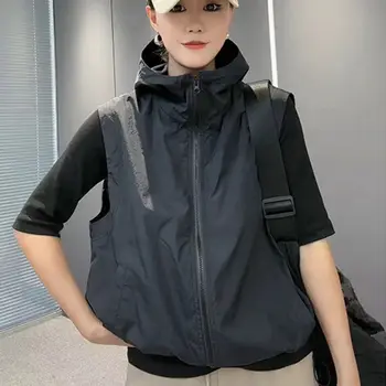 Нов Ретро жилетка с качулка, женски жилетка без ръкави, корейската мода, градинска яке с цип, качулка с високо Качество